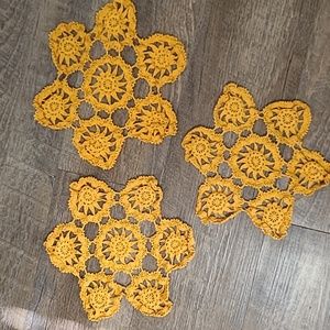 Set Vintage 3 handmade Crochet Doilies Orange Gold Varied Sizes